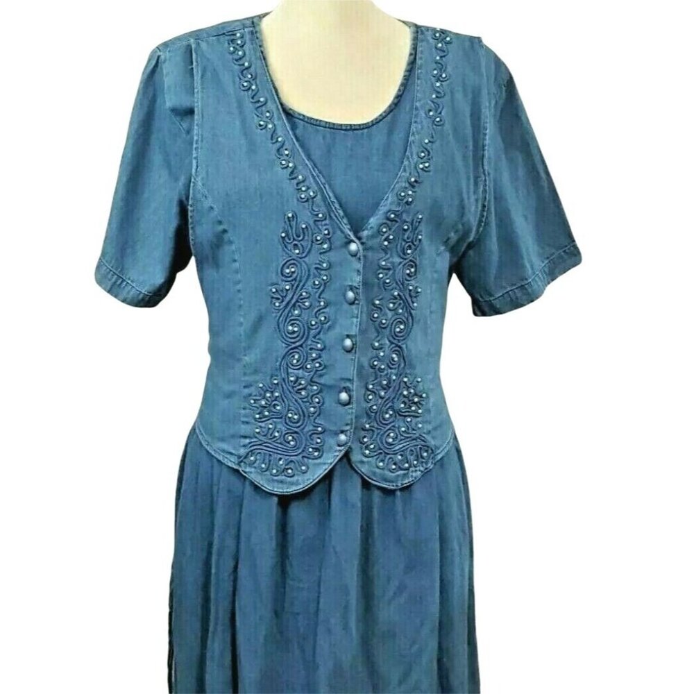 Vintage 80s Denim Chambray Dress L Beaded Vest Faded Tie Back Maxi Cottage‎ Core